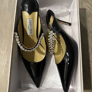 Jimmy Choo Black Patent Crystal-Embellished Pointed Toe Mule